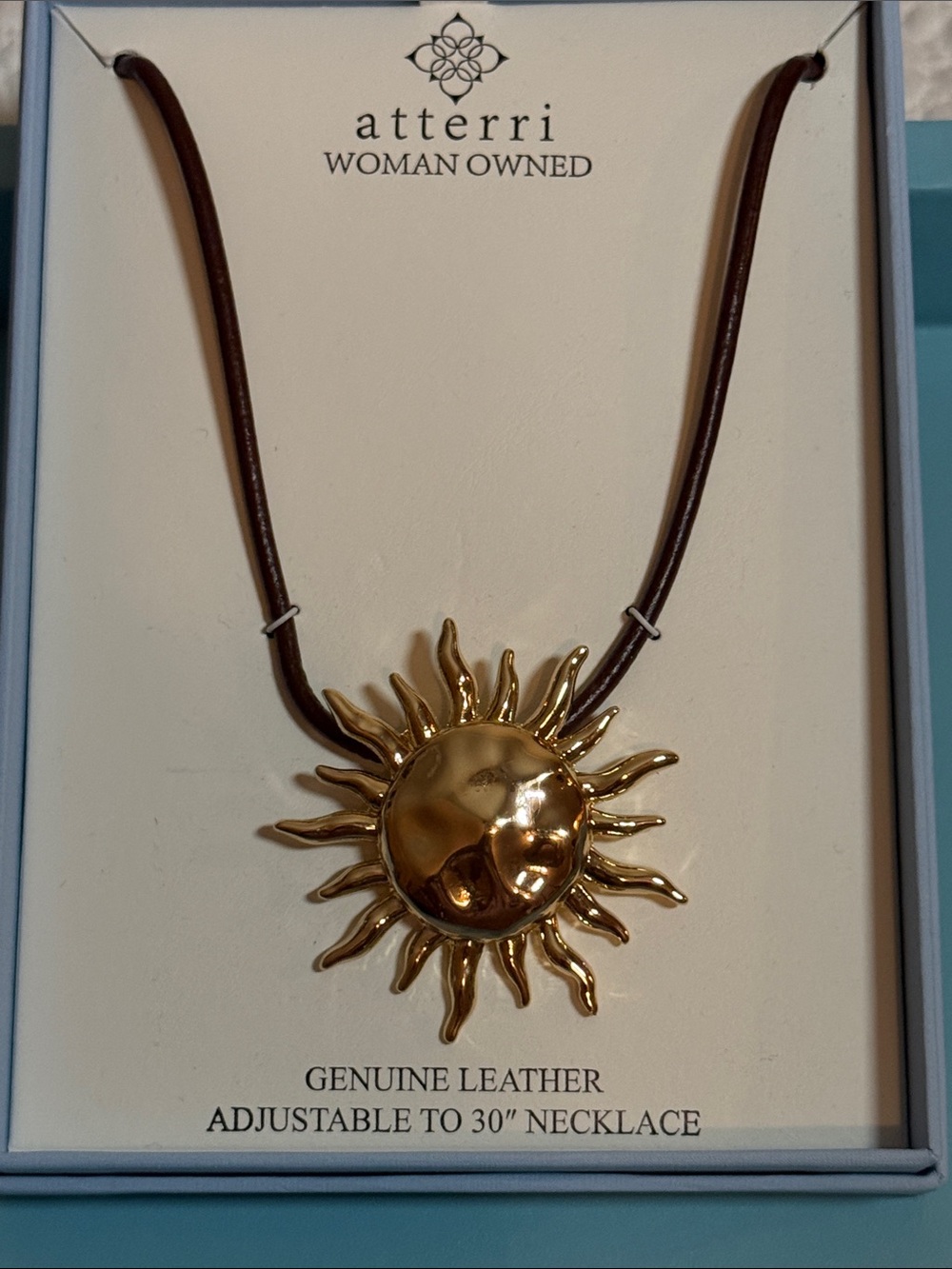 Atterri Gold Sun Pendant Necklace with Brown Leather Cord - Picture 3 of 4